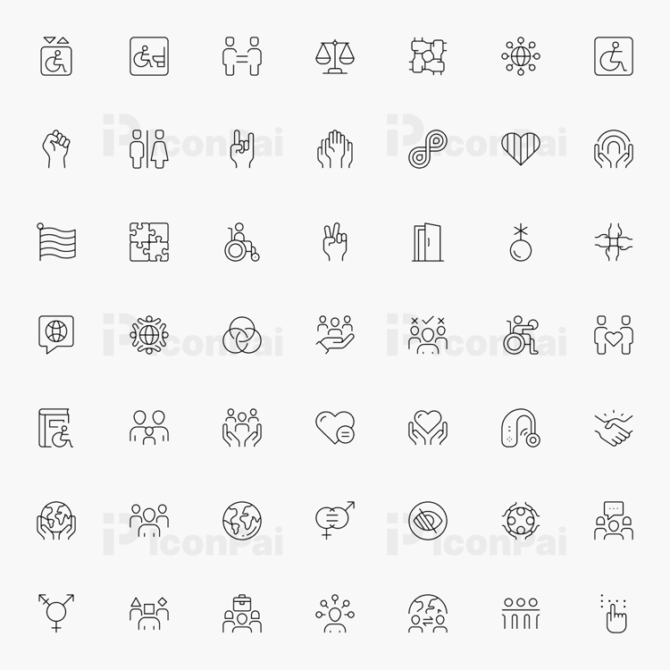 Diversity & Inclusion Icons – Thin line style preview of 50 equality, accessibility, and community icons.