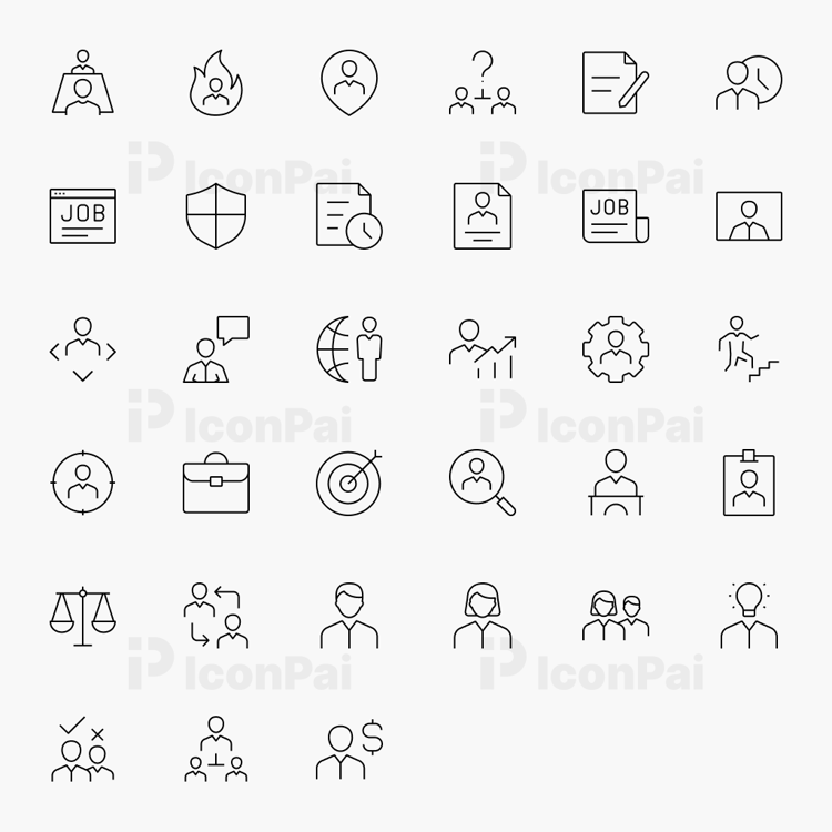 Human Resources & Recruitment Icons – Thin line style preview of 33 hiring, recruitment, and employee management icons.