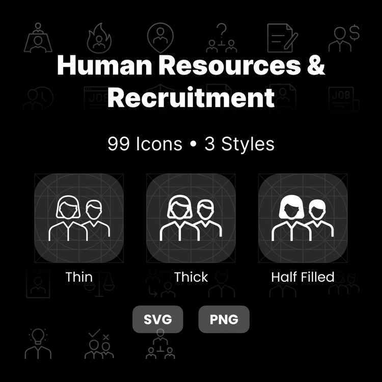 Human Resources & Recruitment Icons Pack featuring 99 HR, hiring, recruitment, workforce, and employee management icons in Thin, Thick, and Half-Filled styles.