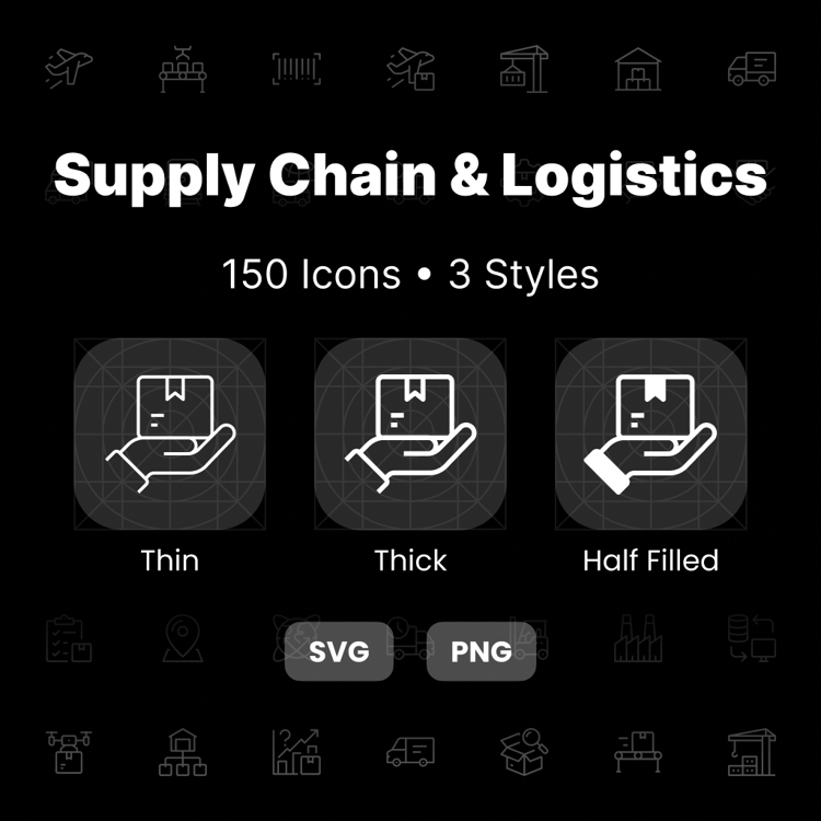 Supply Chain & Logistics Icons Pack featuring 150 shipping, warehouse, inventory, transportation, and delivery icons in Thin, Thick, and Half-Filled styles.
