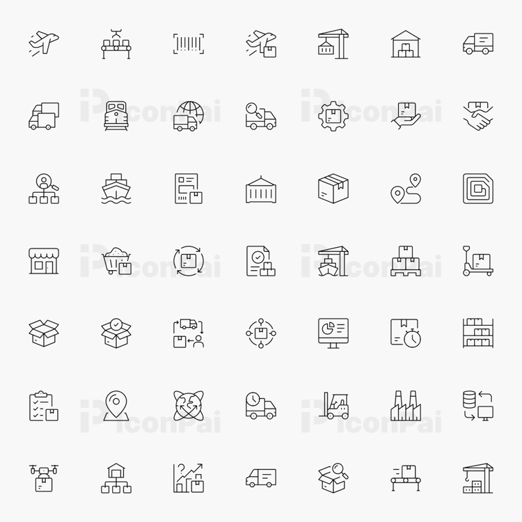 Supply Chain & Logistics Icons – Thin line style preview of 50 shipping, warehouse, and inventory management icons.