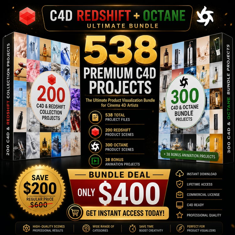 538 Premium Cinema 4D Product Visualization Bundle with 200 Redshift Projects, 300 Octane Projects and 38 Animation Files