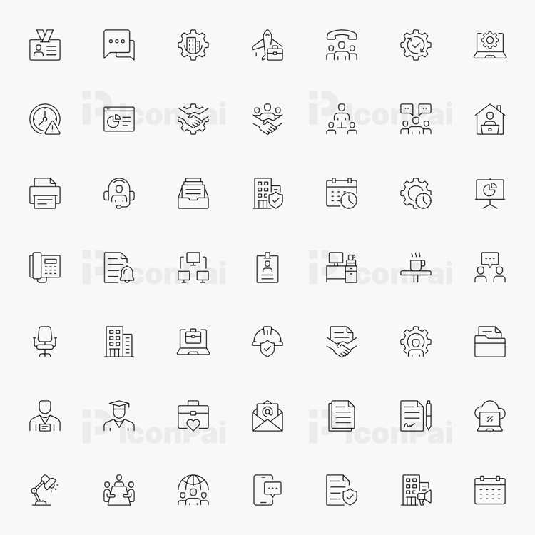 Corporate Office & Professional Work Icons – Thin line style preview of 50 office, workplace, and business productivity icons.