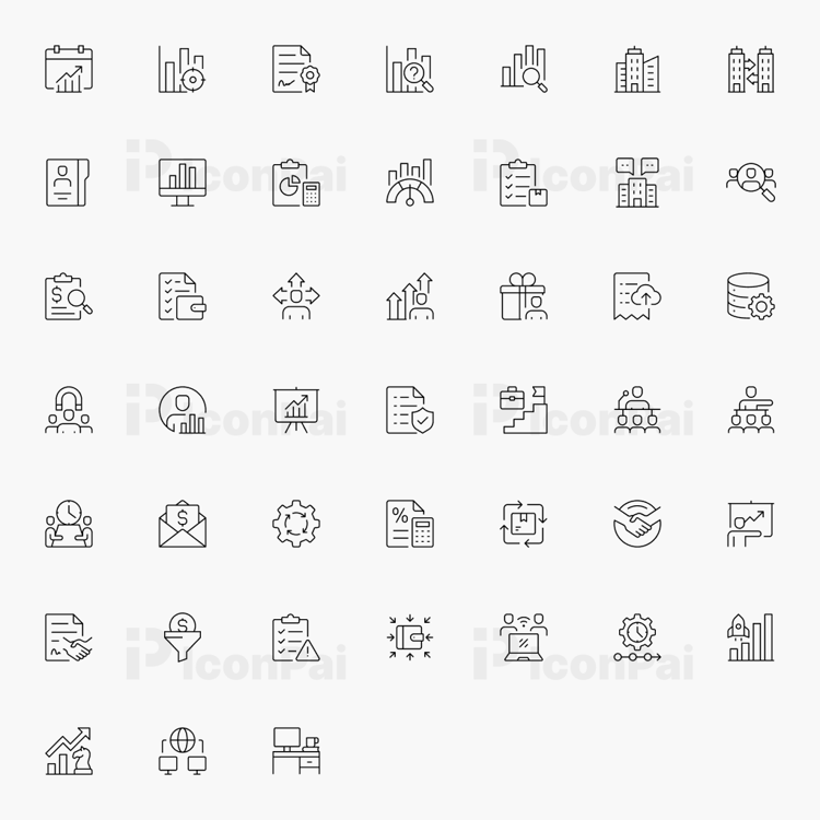 Corporate Operations & Enterprise Systems Icons – Thin line style preview of 50 enterprise software, ERP, and business operations icons.