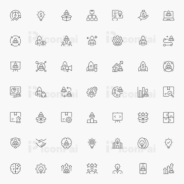 Startup & Entrepreneurship Icons – Thin line style preview of 50 startup, innovation, and business growth icons.
