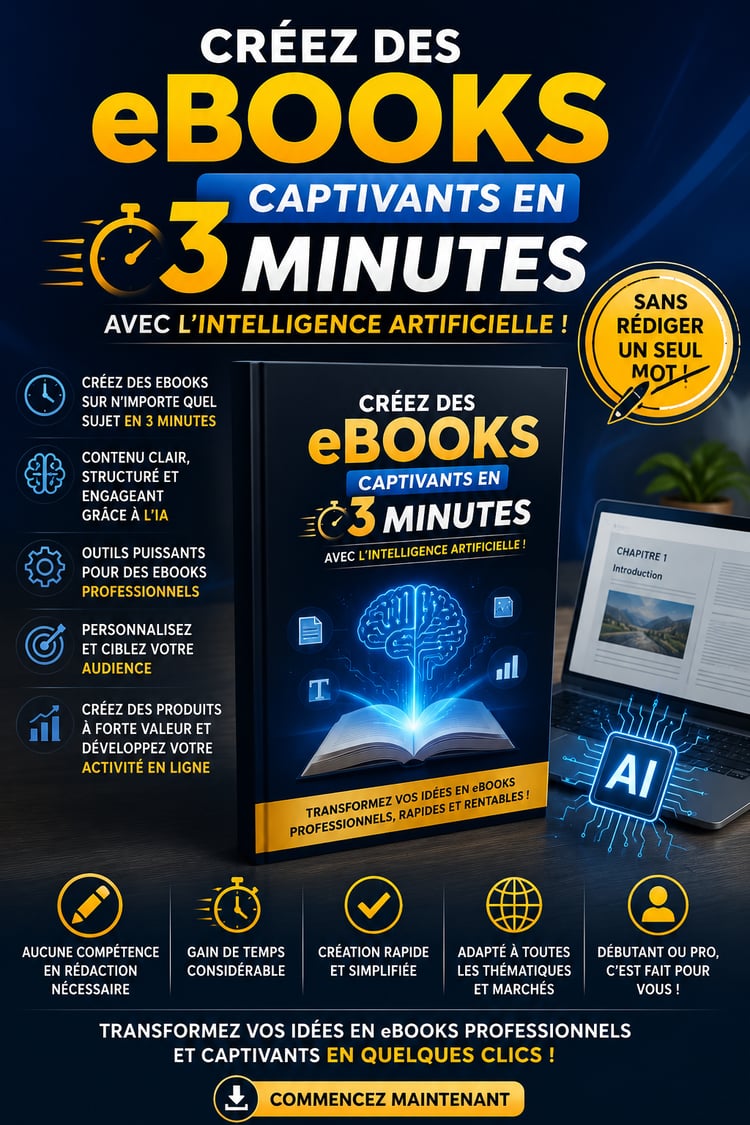 Couverture du guide complet pour créer des eBooks captivants avec l'Intelligence Artificielle en 3 minutes, vendre des produits numériques et générer des revenus en ligne.
