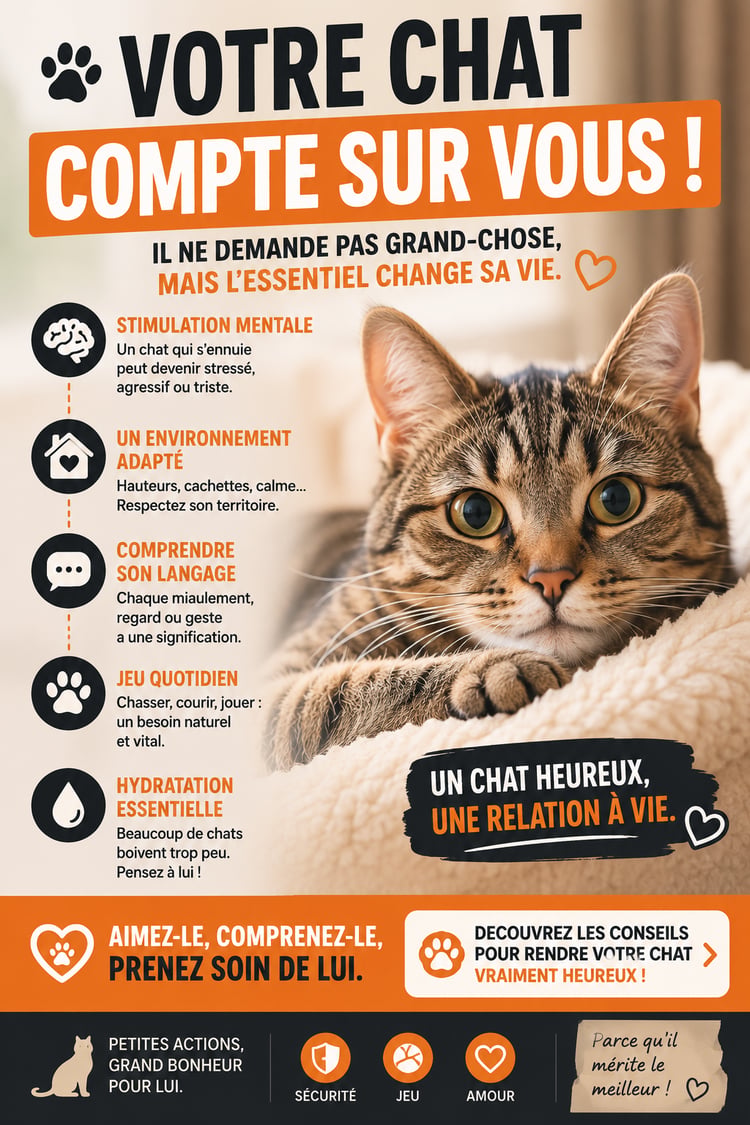 Chat mignon regardant la caméra avec texte sur le bien-être félin et conseils pour propriétaires de chats