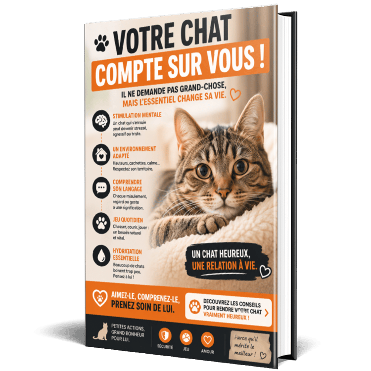 Chat mignon regardant la caméra avec texte sur le bien-être félin et conseils pour propriétaires de chats