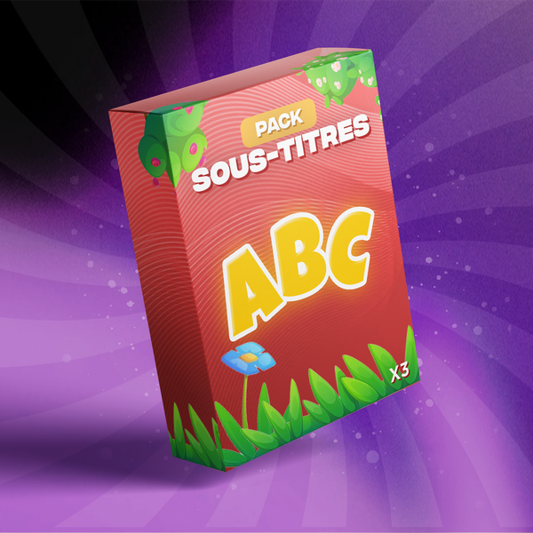 Illustration sur fond violet présentant une boîte du Pack de sous-titres ShelfCut : boîte 3D rouge avec lettres ABC, styles de sous-titres animés pour vos vidéos