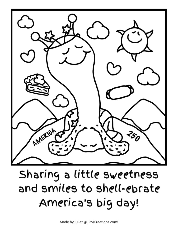 Cute Snail Atop The Purple Mountains Majesty Fourth of July America 250 Coloring Page (Letter Size With Text)
