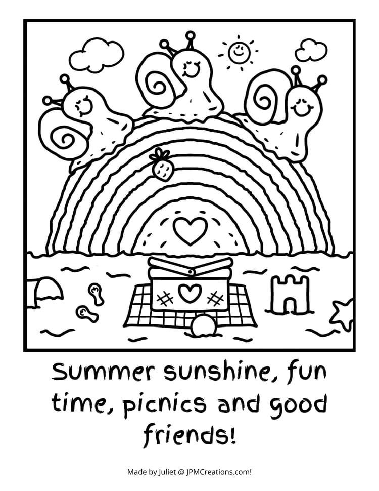 Cute Snails On Rainbow Log Summer Beach Picnic Coloring Page (Letter Size With Text)