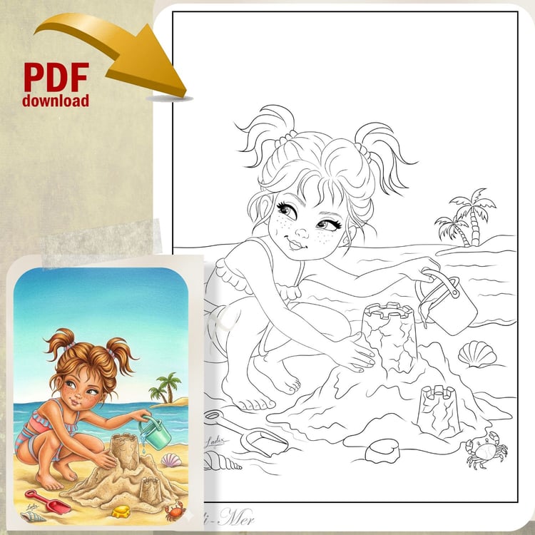 Coloriage plage, coloriage été, coloriage fille, coloriage château de sable, illustration enfant, dessin à colorier PDF, coloriage imprimable, coloriage mer, coloriage vacances, coloriage mignon, coloriage facile, coloriage original.