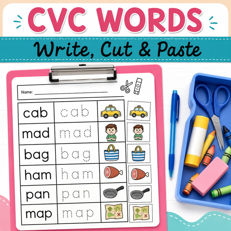 Short A CVC Words Worksheets | Write, Cut & Paste Activity for Word Work Centers