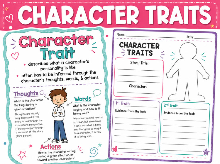 Character Traits Bundle | Graphic Organizer, Trait List, Anchor Chart, Posters & Worksheets