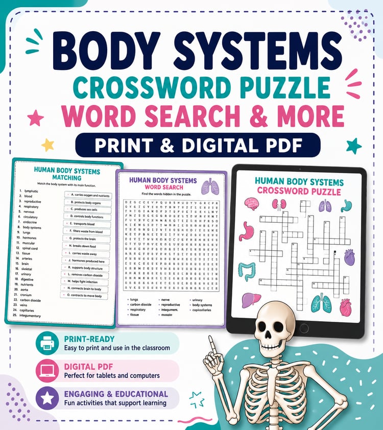 Human Body Systems Crossword Puzzle | Skeletal, Digestive & Nervous Systems | 5th Grade Science