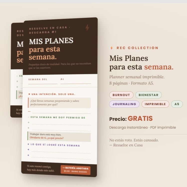 Descarga gratis este planner semanal imprimible diseñado para personas que experimentan agotamiento, estrés o burnout. Organiza tus prioridades, recupera tu energía y mejora tu bienestar con una herramienta práctica de autocuidado y planificación semanal