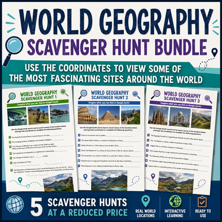 World Geography Scavenger Hunt Worksheets | Google Earth Exploration Activity