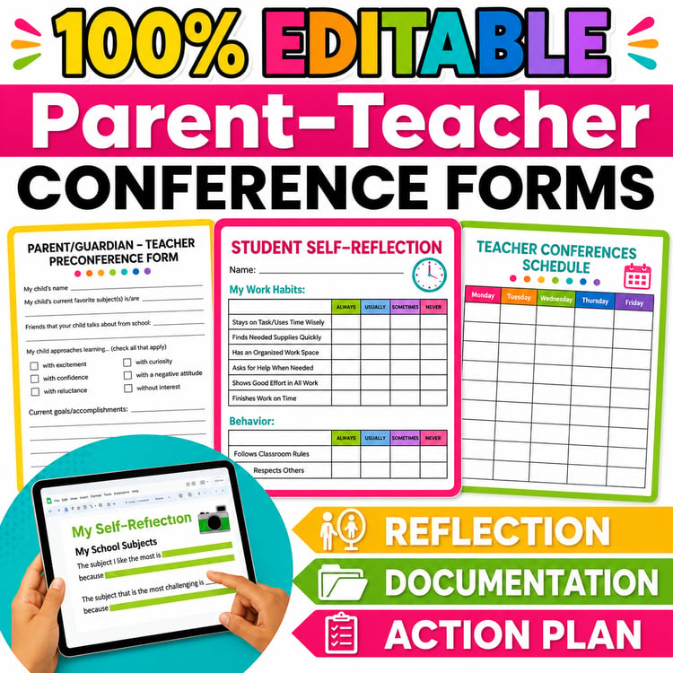 Editable Parent-Teacher Conference Forms | Notes, Reminders, Self-Reflection & Communication Templates