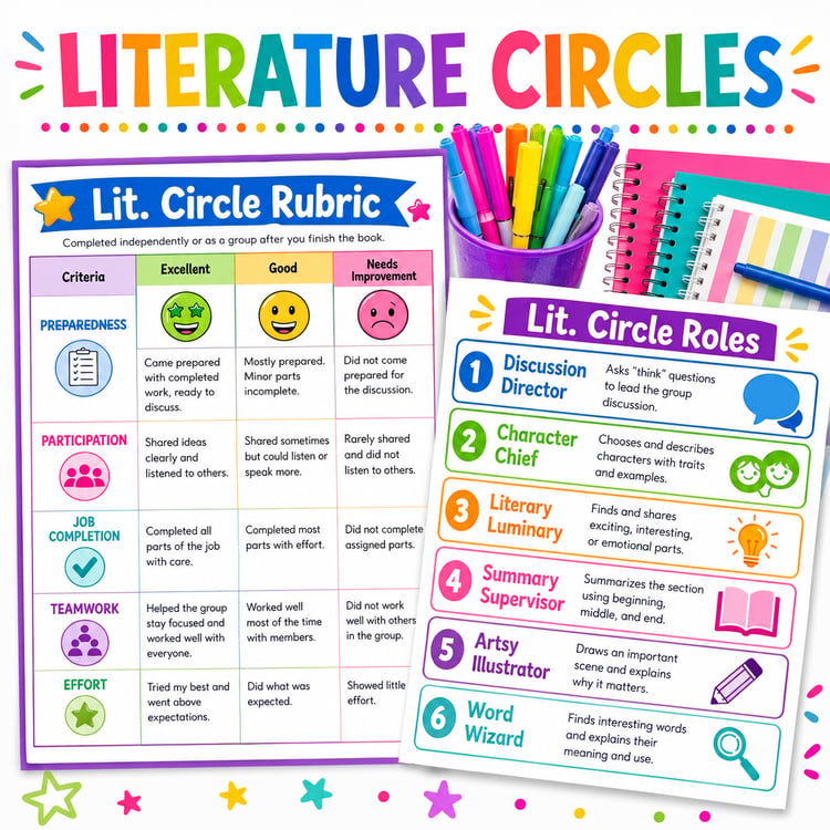 Literature Circle Printable Resources | Discussion Roles, Reading Logs & Book Club Activities