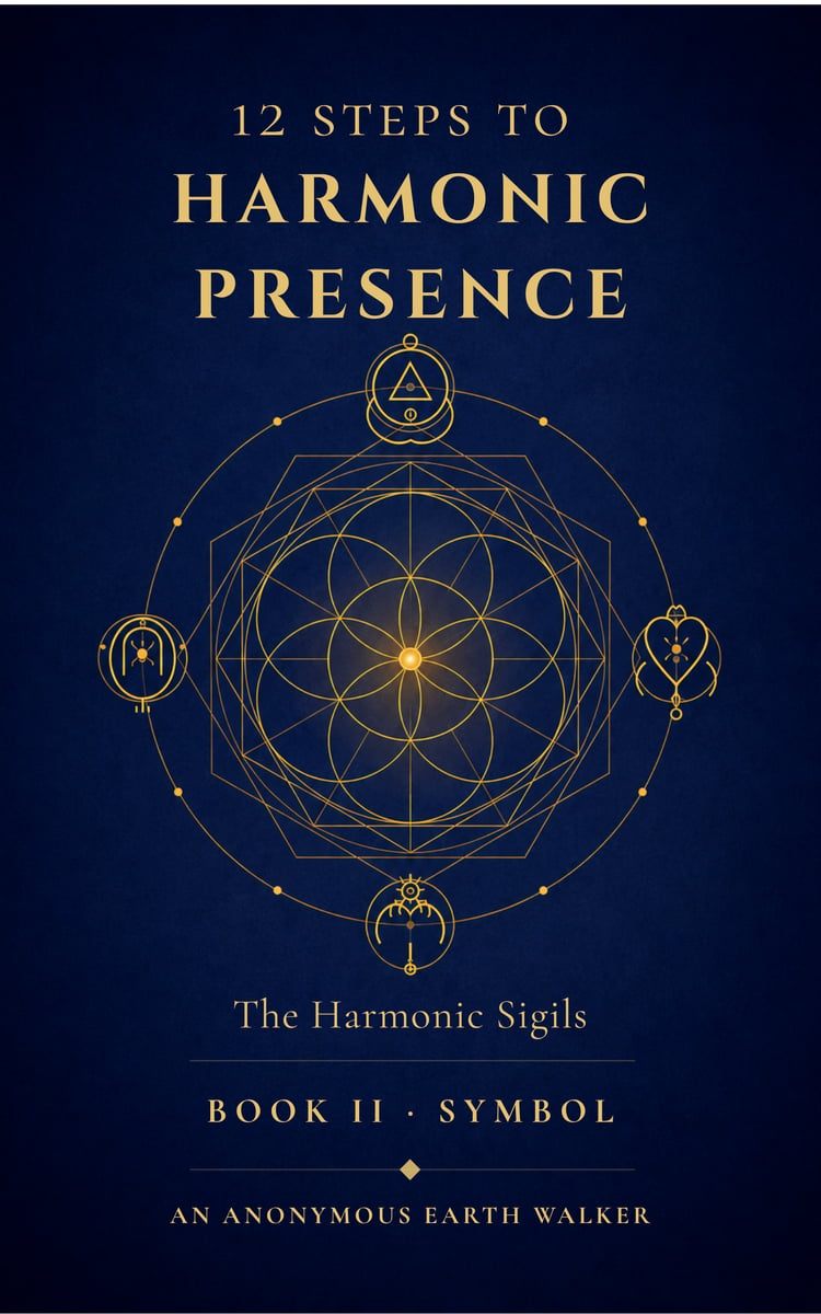 12 Steps to Harmonic Presence Book II, The Harmonic Sigils — sacred geometry devotional book cover in teal and gold by An Anonymous Earth Walker