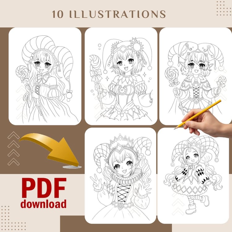 coloriage adulte fantasy  illustrations à colorier PDF  art imprimable femme magique  coloring pages kawaii fantasy  dessin poétique à télécharger  pack de coloriages adultes  line art fantasy printable