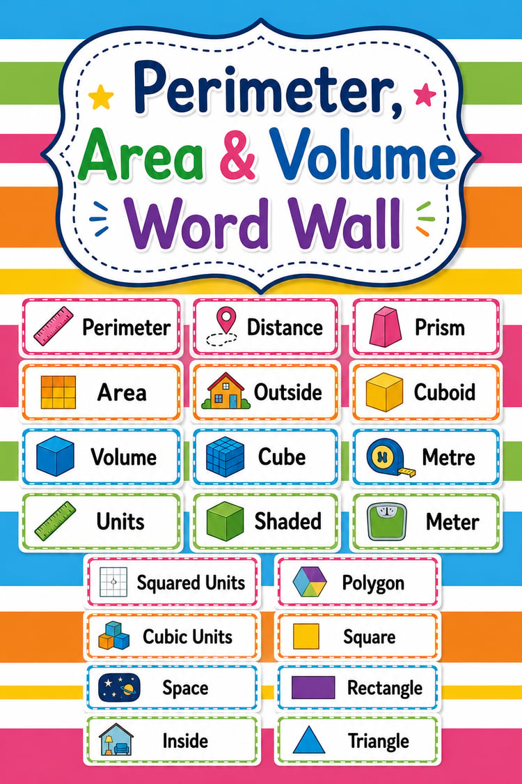 Perimeter, Area & Volume Word Wall | 20 Math Vocabulary Words & Reference Cards