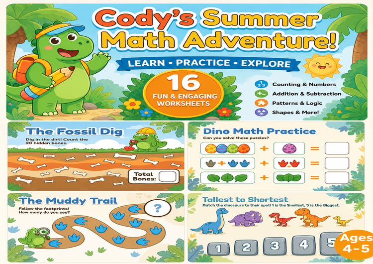 displays a vibrant digital product cover titled "Cody's Summer Math Adventure! Learn, Practice, Explore". It features a cheerful green dinosaur wearing a blue visor and carrying a giant yellow pencil. The text highlights "16 Fun & Engaging Worksheets" for