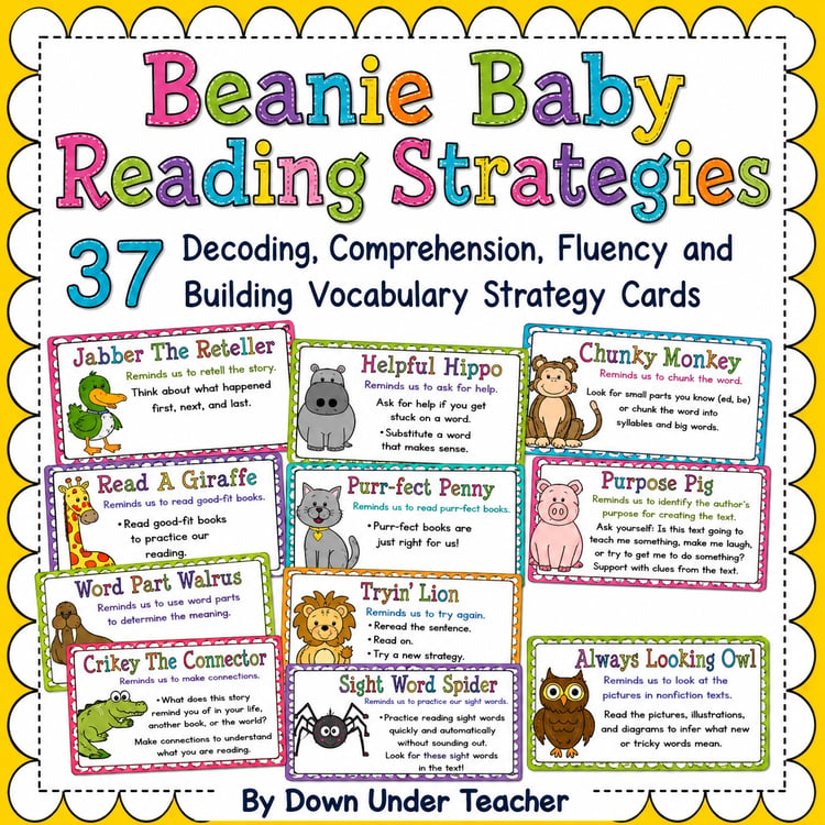 Beanie Baby Reading Strategy Cards | Decoding, Comprehension, Fluency & Vocabulary