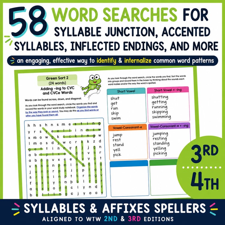 Words Their Way 4th Grade Spelling | Syllables & Affixes Word Study Word Searches