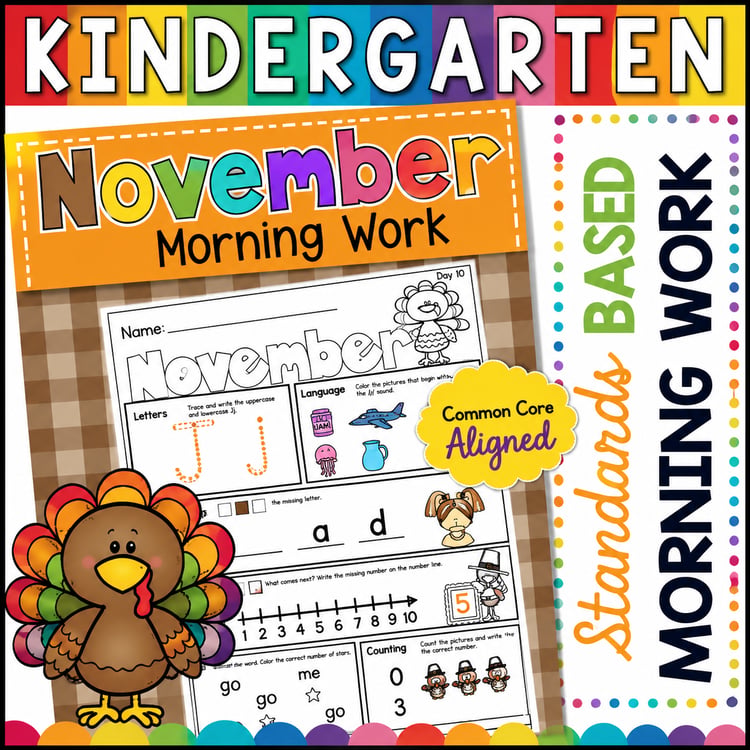 Kindergarten November Morning Work | Thanksgiving, Turkey-Themed Math, Reading & Phonics Activities