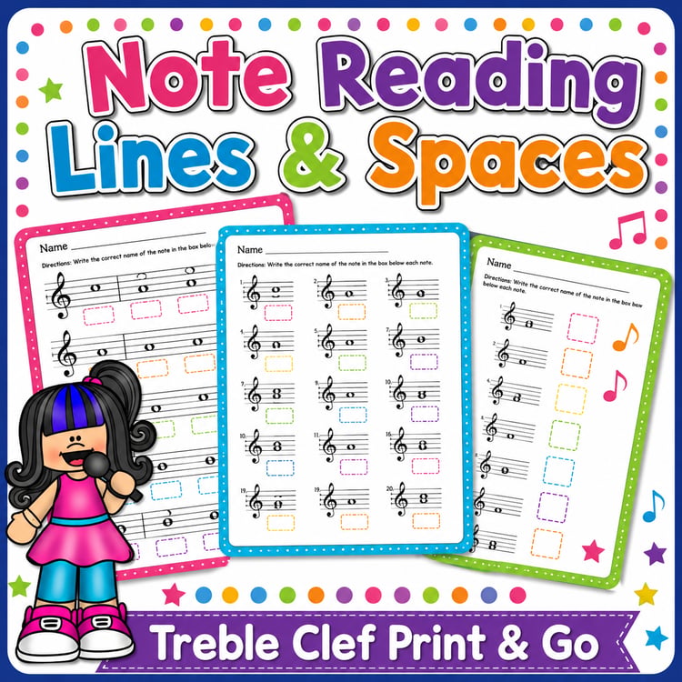 Music Worksheets | Treble Clef Note Reading, Lines & Spaces Assessments