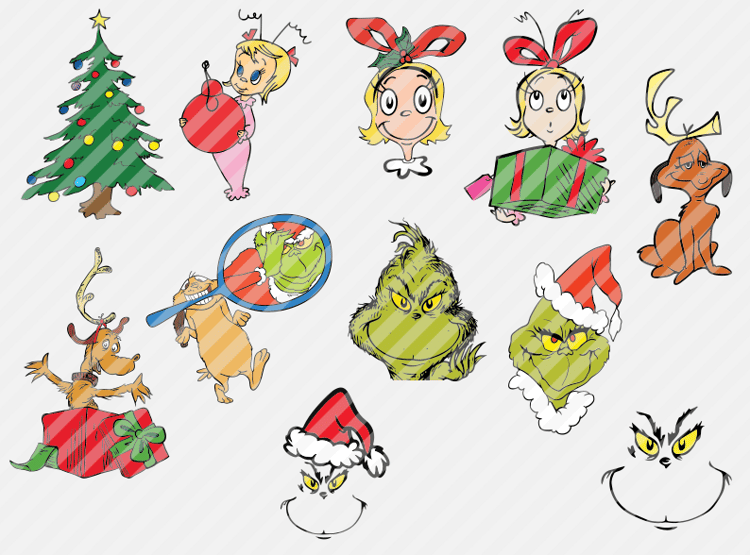 Christmas Grinch SVG bundle featuring holiday character faces, Christmas illustrations and festive clipart designs