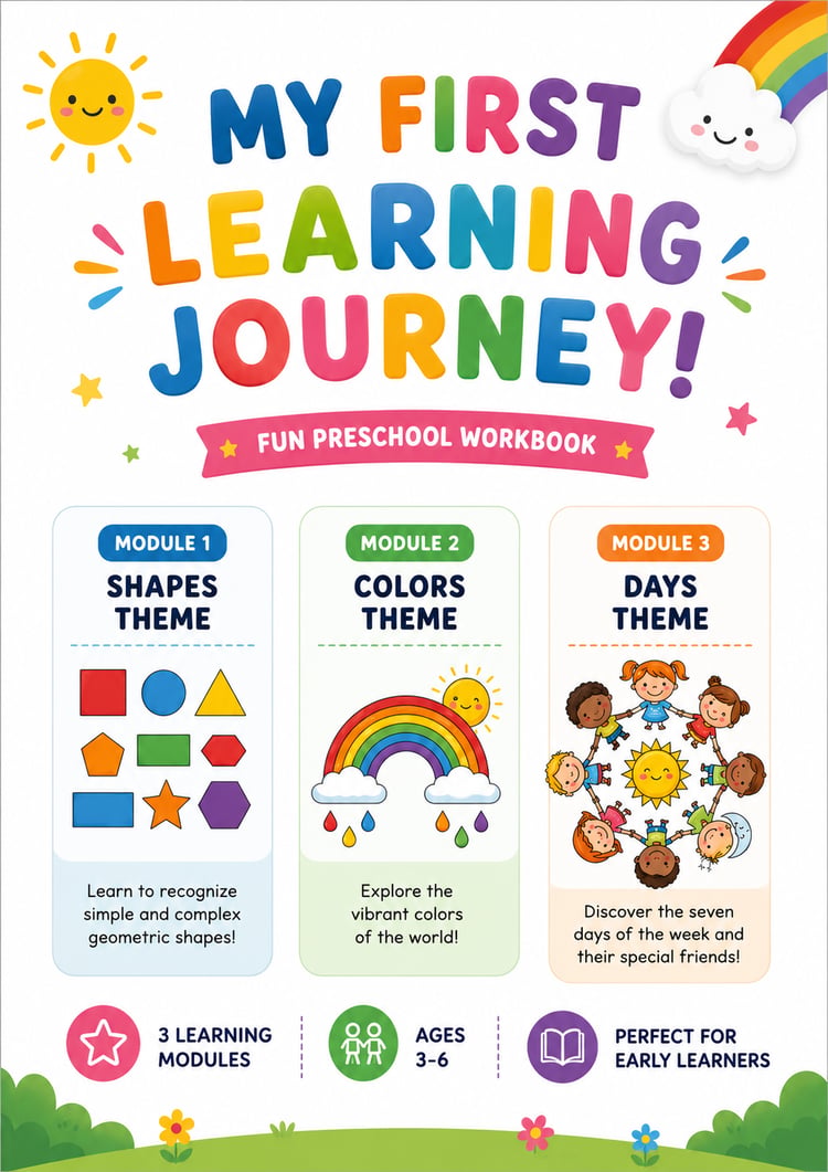 Colorful preschool learning workbook featuring shapes, colors, days of the week, daily activity worksheets, and educational exercises for young children.