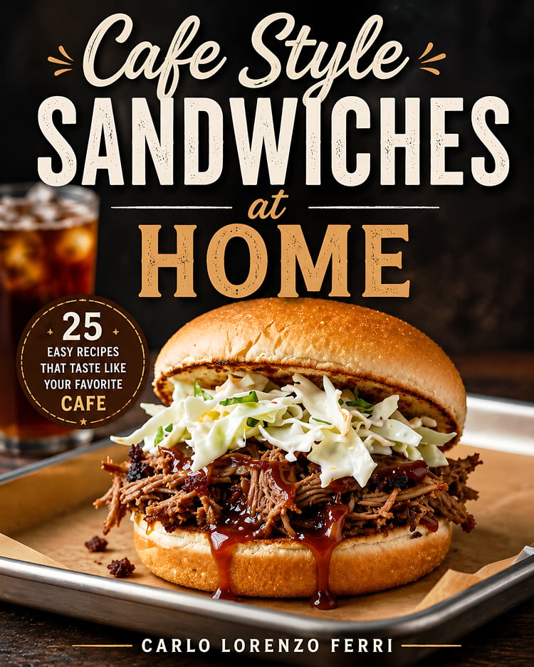 E-book cover titled 'Cafe Style Sandwiches at Home' by Carlo Lorenzo Ferri, featuring a badge for 25 recipes and a close-up image of a gourmet pulled meat sandwich