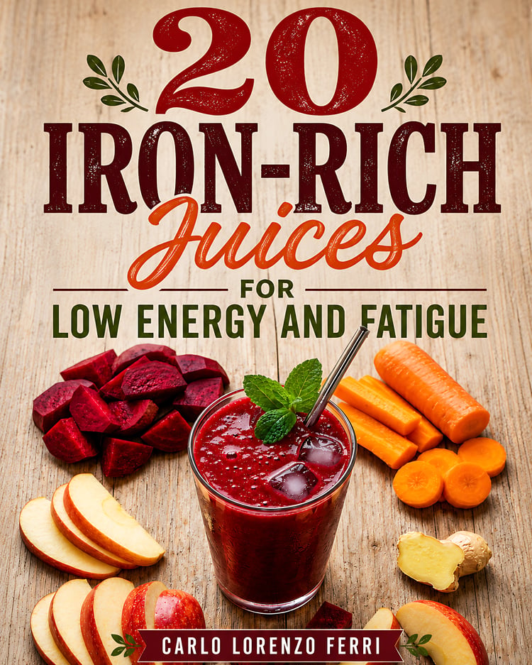 20 Iron-Rich Juices for Low Energy and Fatigue cookbook cover by Carlo Lorenzo Ferri