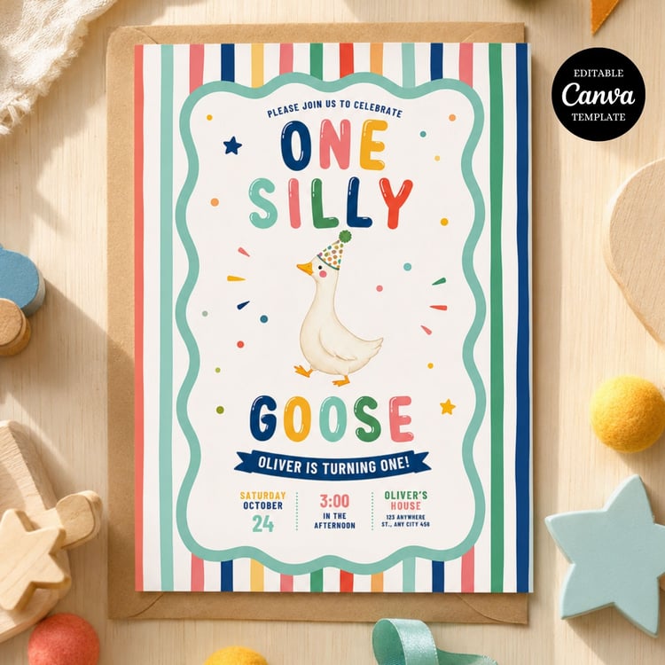 One Silly Goose Birthday Invitation editable Canva template featuring a pink gingham goose theme for a girl's first birthday party.