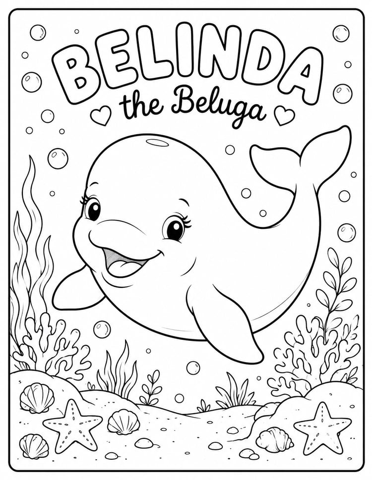 Belinda the Beluga, a smiling cartoon beluga whale swimming through a coral reef surrounded by sea plants, shells, bubbles, and ocean life in an underwater scene.