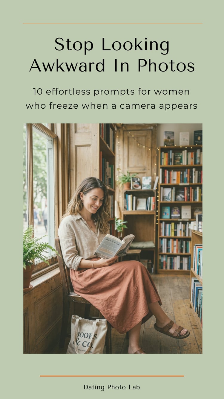 A free guide with 10 simple prompts to help women stop feeling awkward in photos and create natural, confident pictures without posing.