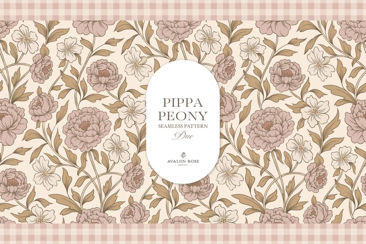 Vintage-inspired farmhouse style seamless surface pattern featuring a hand-drawn floral and leaf pattern with a matching gingham in pink, beige, and cream