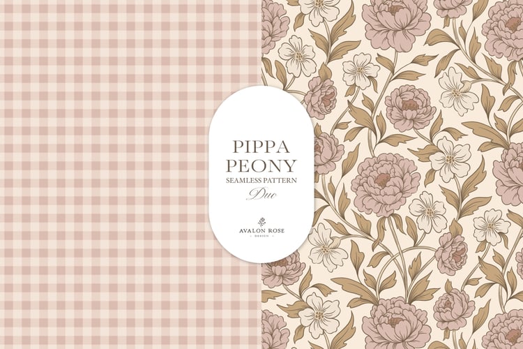 Vintage-inspired farmhouse style seamless surface pattern featuring a hand-drawn floral and leaf pattern with a matching gingham in pink, beige, and cream