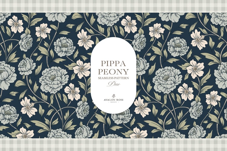 Vintage-inspired farmhouse style seamless surface pattern featuring a hand-drawn floral and leaf pattern with a matching gingham in navy blue, green, and cream