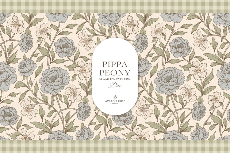 Vintage-inspired farmhouse style seamless surface pattern featuring a hand-drawn floral and leaf pattern with a matching gingham in pale blue, green, and cream