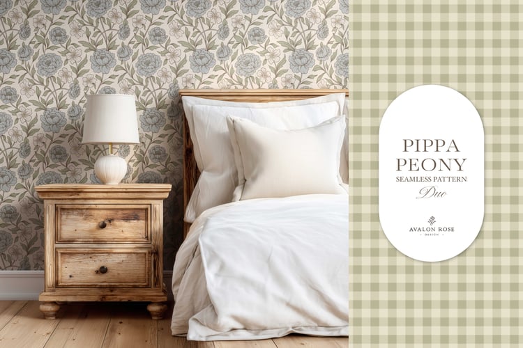 Vintage-inspired farmhouse style seamless surface pattern featuring a hand-drawn floral and leaf pattern with a matching gingham in pale blue, green, and cream
