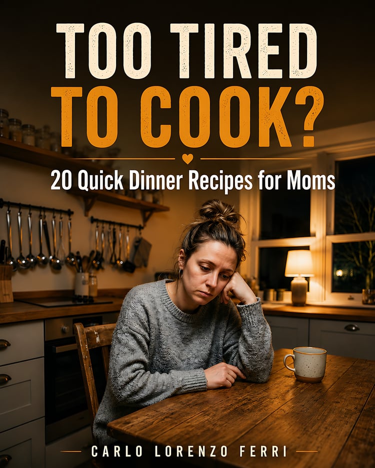 Cookbook cover titled 'Too Tired To Cook? 20 Quick Dinner Recipes for Moms' by Carlo Lorenzo Ferri, featuring a woman sitting at a kitchen table looking exhausted.