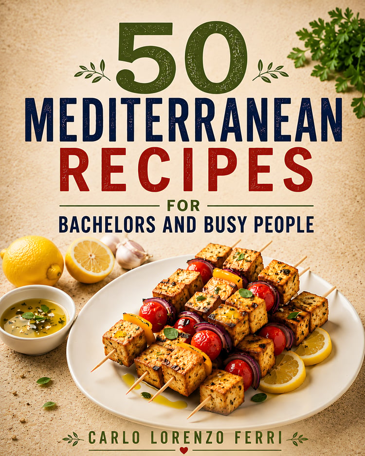 E-book cover titled '50 Mediterranean Recipes for Bachelors and Busy People' by Carlo Lorenzo Ferri, featuring grilled chicken and vegetable skewers on a white platter.