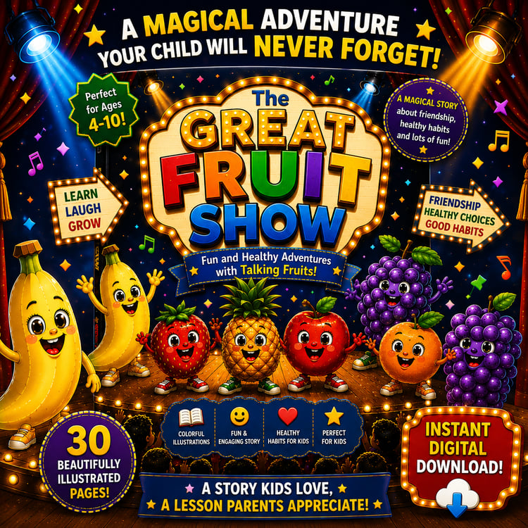 The Great Fruit Show printable educational storybook for kids ages 4 to 10 featuring healthy eating and colorful fruit characters