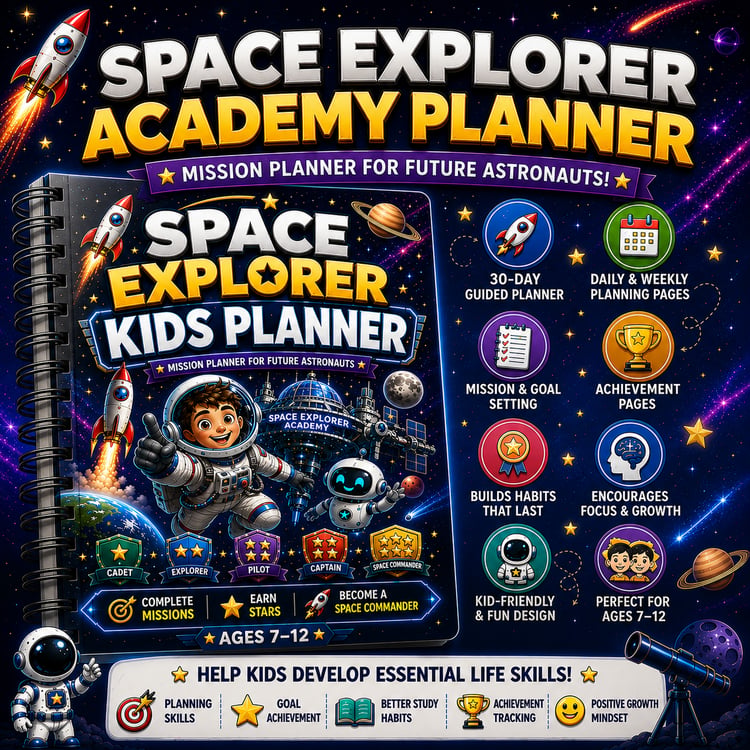 Space Explorer Kids Planner printable planner PDF for ages 7 to 12 featuring daily planning, goal setting, habit tracking, and astronaut-themed activities