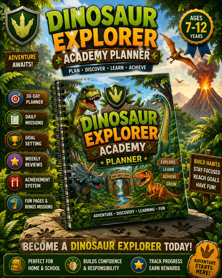 Dinosaur Explorer Academy Planner printable kids planner PDF for ages 7 to 12 featuring daily planning, goal setting, and habit tracking activities