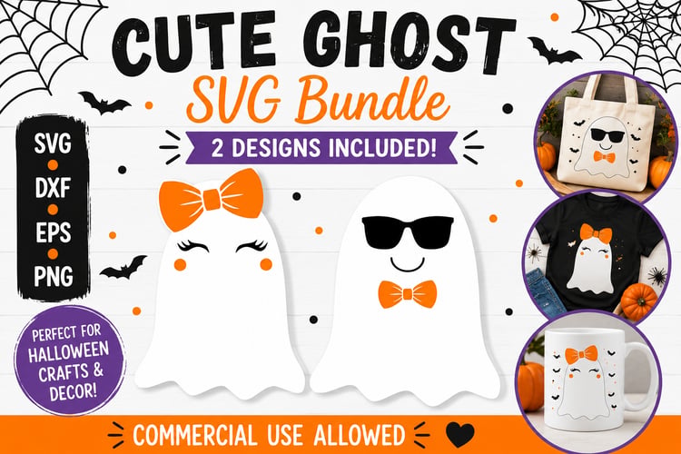 Cute Ghost SVG Bundle with 2 adorable Halloween ghost designs for Cricut, Silhouette, sublimation, shirts, mugs, tote bags, and DIY crafts.