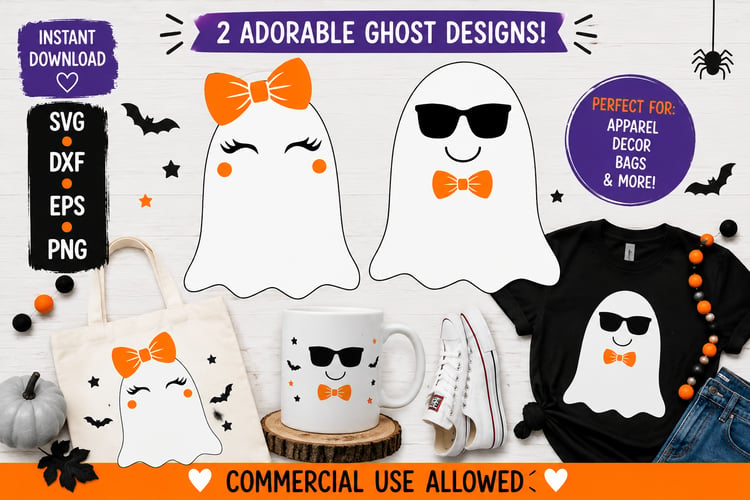 Cute ghost SVG designs shown on a Halloween shirt, coffee mug, and tote bag for Cricut and Silhouette crafting projects.